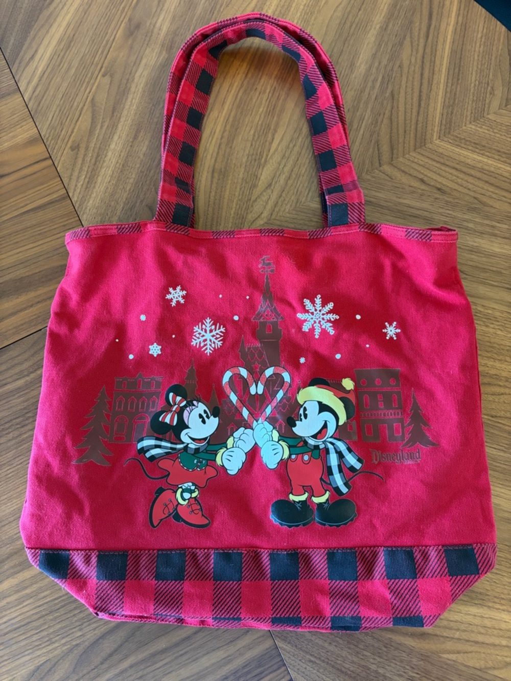 Disneyland Red Mickey & Minnie Holiday Canvas Tote with Buffalo Plaid Accents